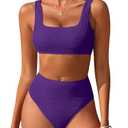 ANRABESS Women’ Two Piece Bikini Sets, High Waist Square Neck Swimsuits, Ribbed Textured Comfy Bathing Suits, Beach Swim Wear Dark Purple Medium