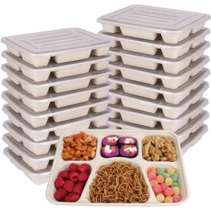 Sugarcane Fiber 40 oz 6 Compartments disposable plates with Lids Bagasse Plant Fibers Freezer Safe 25 Pack