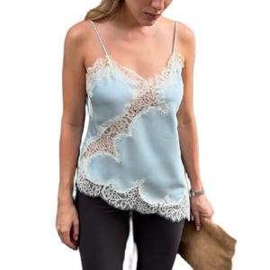 Women Satin Lace Cami Tops Y2k Asymmetrical Camisole Sexy Spaghetti Strap Side Slit Tank Top Trendy Going Out Tops Blue, M
