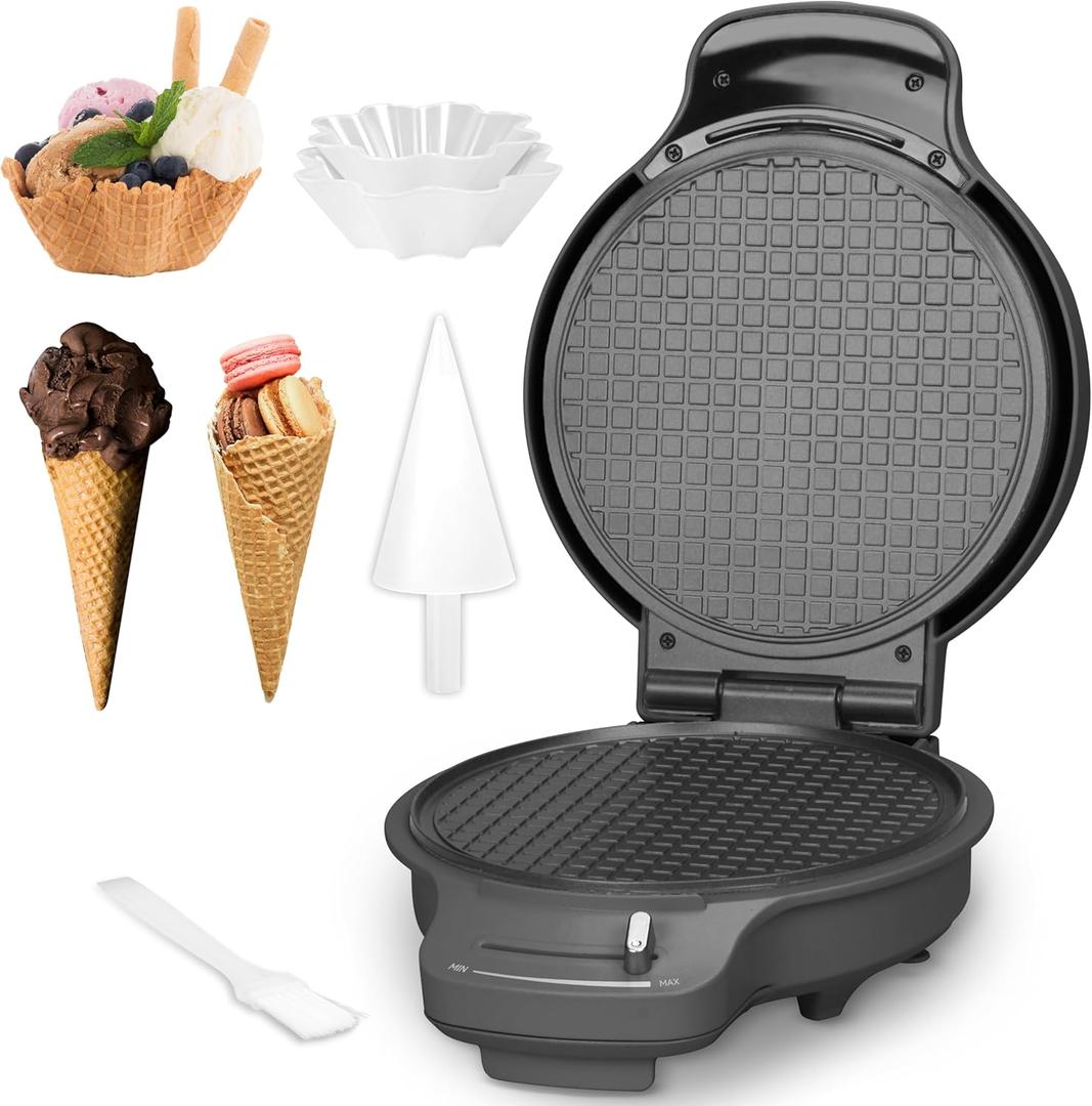 Baker's Friend Waffle Cone Maker Machine with Browning Control, Nonstick Waffle Bowl Maker, 7.5 Ice Cream Cone Maker, Thin Waffle Maker Crispy, Cone Roller & Bowl Press Included, Graphite