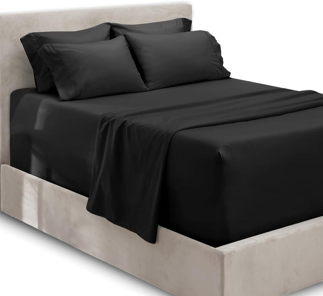 Hearth & Harbor Extra Deep Pocket Queen Sheets Sets - Fits Mattress 18-24 Inches Deep - Extra Deep Pocket Sheets - 6 Piece Queen Size - Black