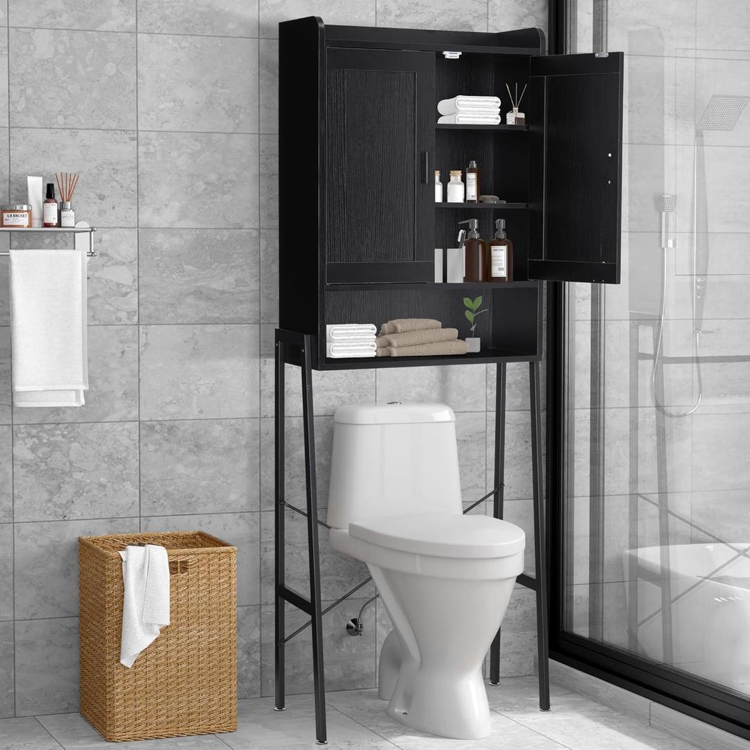 Over The Toilet Storage Cabinet, Wooden Space-Saving Bathroom Organizer Shelf Over Toilet Storage Rack with Double Door and Adjustable Feet