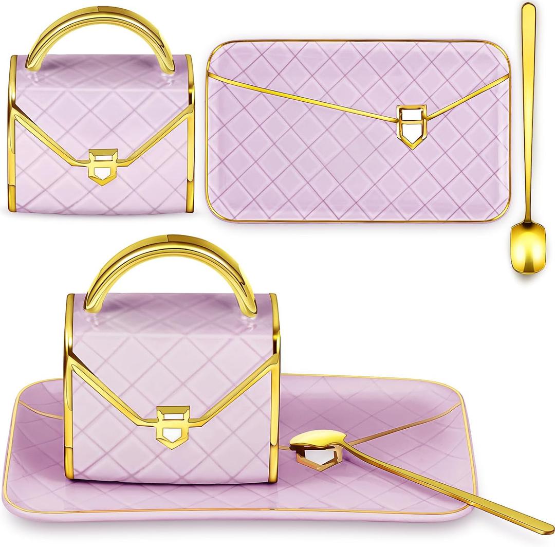 Zubebe 1 Set Coffee Mug Elegant Handbag Shaped Cup Mother's Day Modern Ceramic Purse Mug with Spoon and Saucer, 10oz Cute Creative Tea Cup for Woman Girls Gift (Purple)