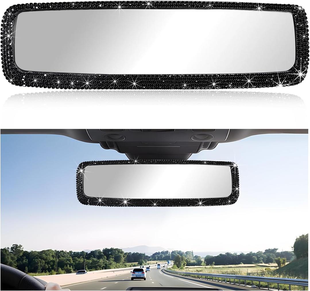 Car Bling Rear View Mirror, Sparkly HD Glass Crystal Diamond Studded Rhinestone Rearview Mirror, Decorative Rearview Mirrors for Women, Teens, Girls, Universal Car Accessories (Black)
