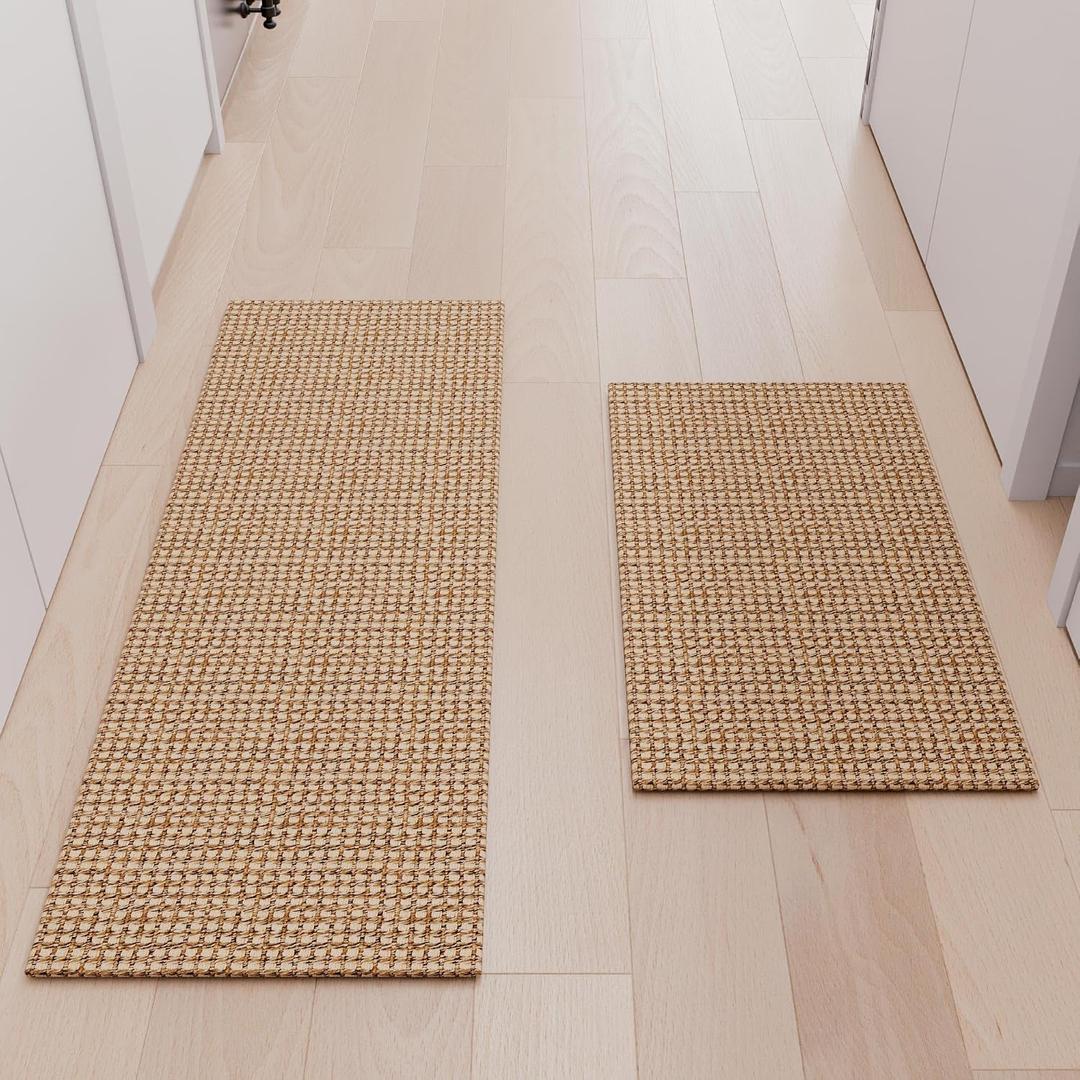 Kitchen Rugs and Mats Non Skid Washable [2PCS] (17.3" x 30"+ 17.3" x 48"), Absorbent Kitchen Floor Mats, Boho Cotton Kitchen Runner Rugs Comfort Standing Mat for Sink Hallway Laundry