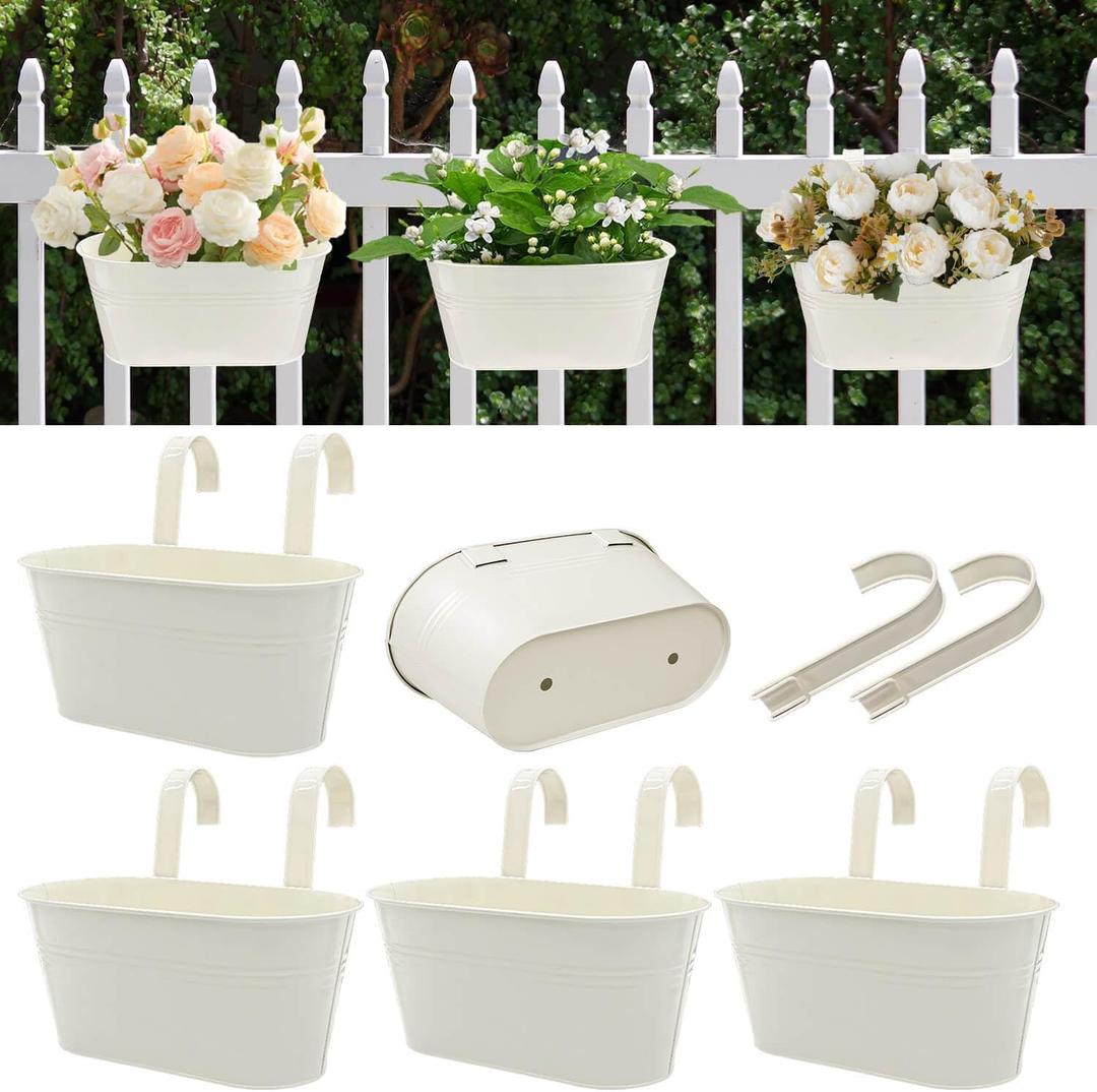 vensovo Metal Railing Planter for Outdoor Plants - 5 Pack Balcony Hanging Planter Box with Detachable Hooks and Drain Holes Oval Hanging Pots Fence Planters for Railing Garden Fence, Cream White