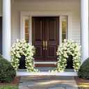 2Pcs Outdoor Faux Hanging Flowers Artificial Morning Glory with Eucalyptus Leaves UV Resistant Look Real Fake Plants for Outside Planter Porch Patio Balcony Yard Decor(White)