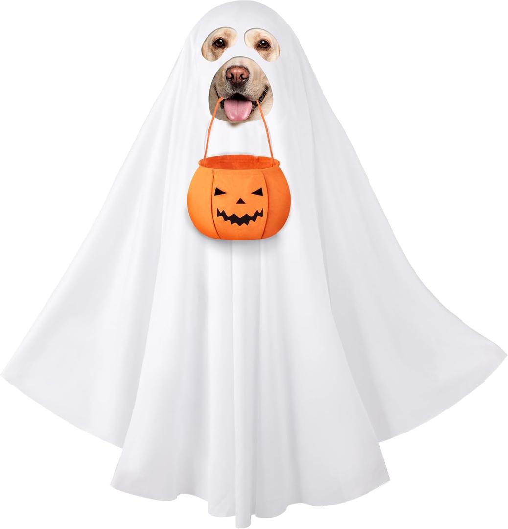 Halloween Dog Ghost Costume Set for Large Dogs, White Ghost with Felt Pumpkin Candy Bucket, Dog Costumes for Large Breed with Trick or Treat Bags