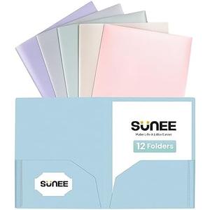 SUNEE 2 Pocket Folders (12 Pack, Pastel Colors) Heavy-Duty Plastic Folders with Pockets, Fit 8.5x11 Letter Size Paper, 2-Pocket File Folders for Kids, Home, School, Office