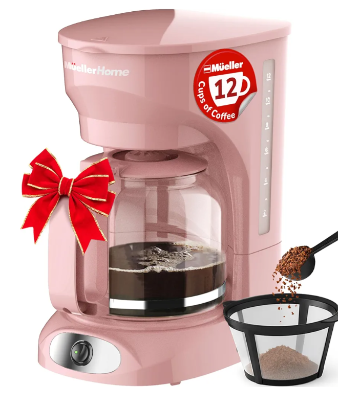 MUELLER HOME 12-Cup Pink Coffee Maker - Borosilicate Carafe, Auto-Off, Pink Kitchen Accessories, Reusable Filter, Anti-Drip, Appliances, Keep-Warm Function, Kitchen Décor