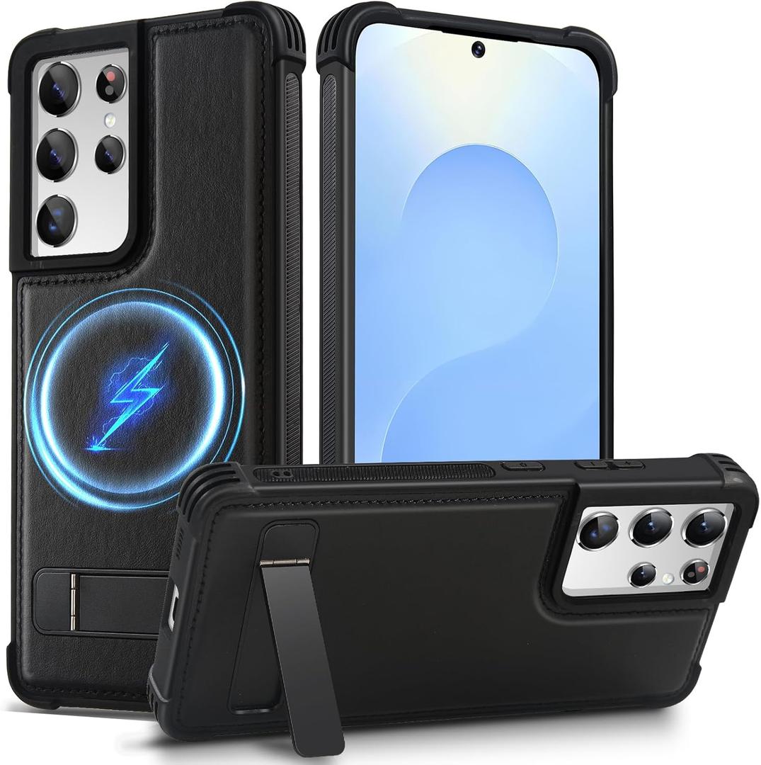 KEZiHOME Compatible for Samsung Galaxy S21 Ultra Case, Premium Genuine Leather [Built-in Kickstand] [Shockproof] [Drop-Proof], Magnetic Protective Phone Cover Case for Galaxy S21 Ultra 5G (Black)