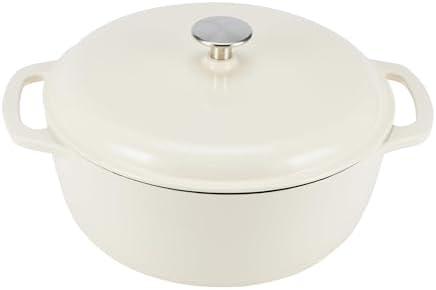 Amazon Basics Enameled Cast Iron Dutch Oven Pot with Lid, Oven Safe, Heavy-Duty, Dual Handles for Baking, Roasting, Stews, 4.3-Quart, White