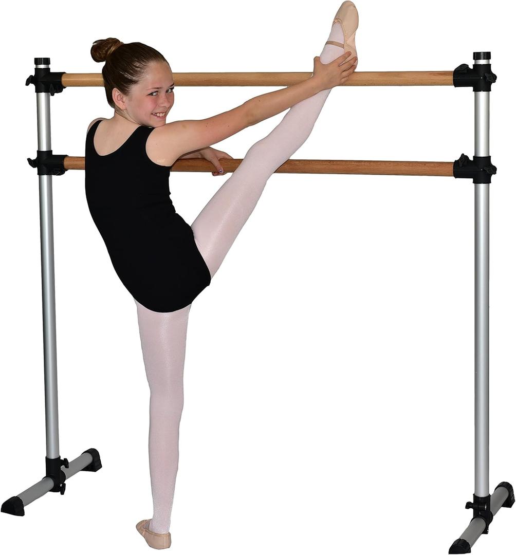 Traditional Real Wood Portable Double Freestanding 4 Foot Ballet Barre, Stretch/Dance Bar, 4 Feet Fitness Barre - 29 inch Base
