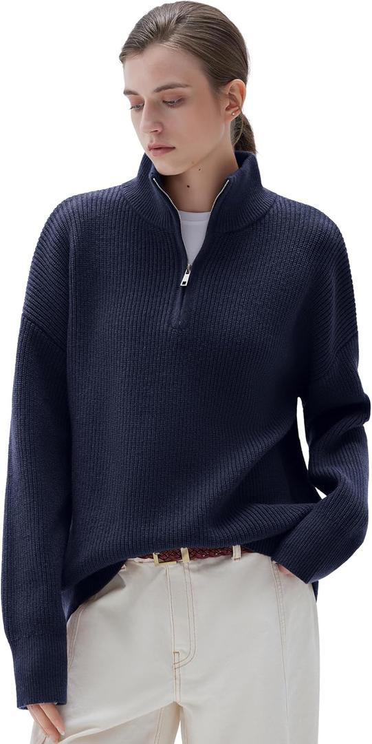 SUUKSESS Women Cashmere Blend Oversized Quarter Zip Pullover Sweater Long Sleeve Collared Ribbed Knit Jumper Tops (X-Large, Navy)