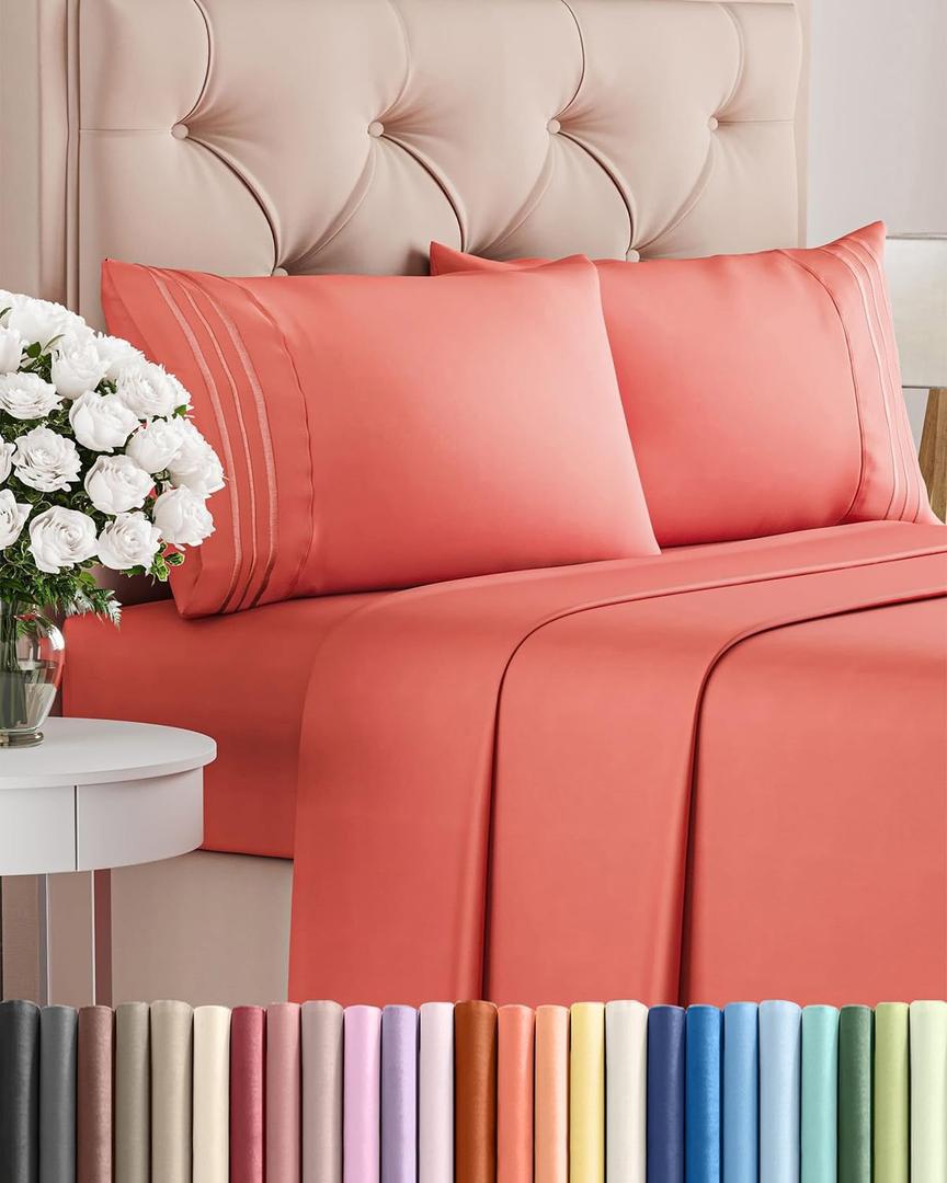 King Size 4 Piece Sheet Set - Comfy Breathable & Cooling Bed Sheets Set - Hotel Luxury Bedding for Women, Men, Kids, Teens, Boys & Girls - Deep Pockets, Ultra-Soft and Wrinkle Free - Oeko-Tex - Coral