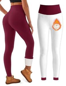Bluemaple Fleece Lined Leggings Women High Waisted Tummy Control Thermal Warm Workout Hiking Yoga Pants for Cold Winter, Burgundy Medium