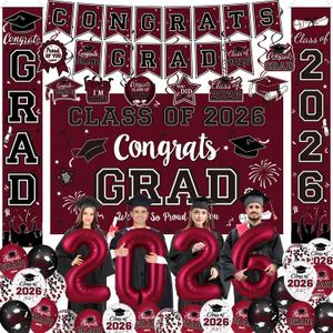 Graduation Decorations Class of 2026 - Maroon Graduation Party Supplies Congrats Grad Backdrop & Banner, Hanging Swirls, Porch Sign, Balloons for High School & College Celebrations