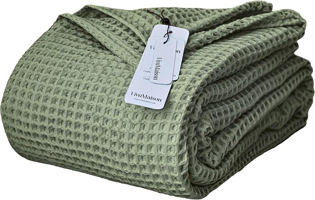 ViViva Maison Waffle Blankets (Sage Green, Queen XL 95 x 102 Inch)