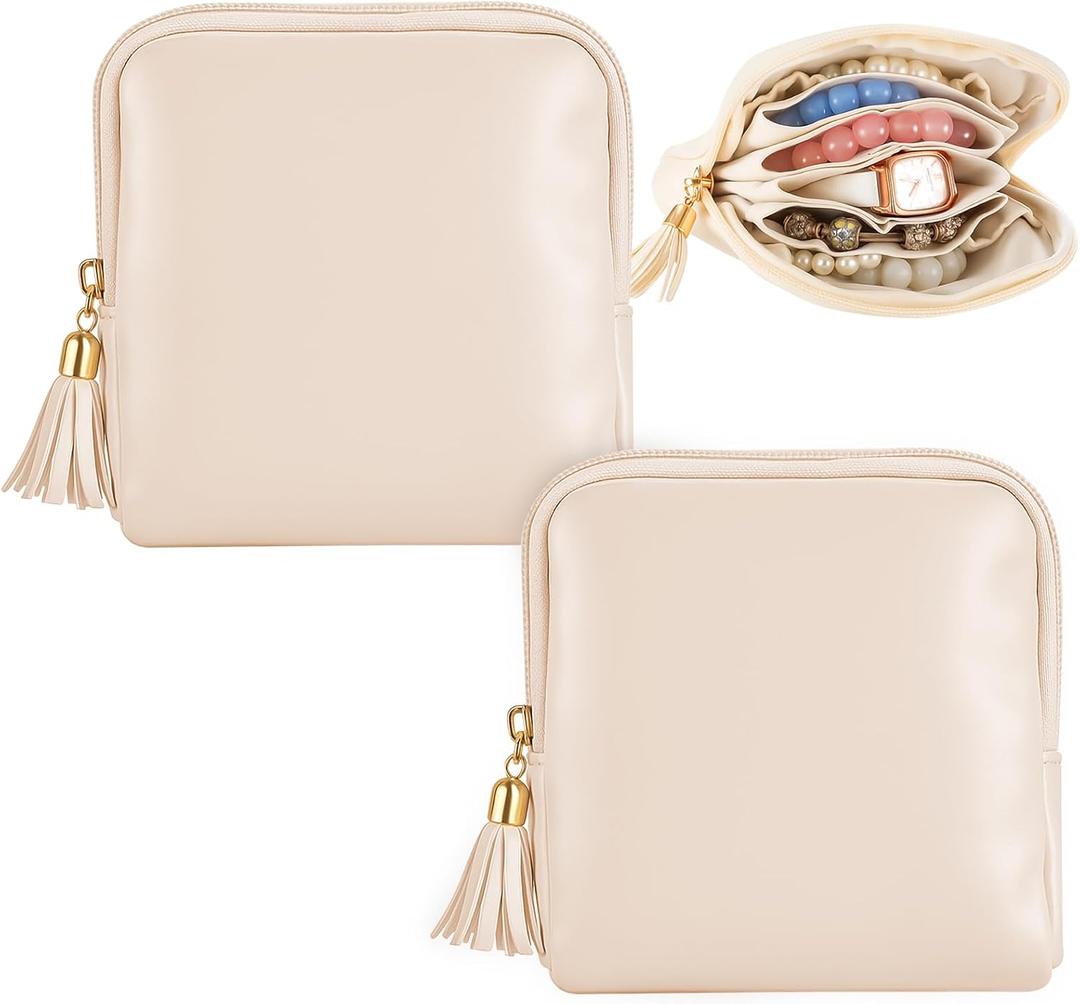 2 Pcs Small Travel Jewelry Case Bridesmaid Gift for Bachelorette Wedding Day, Mini Jewelry Pouch Organizer Bag with Zipper, Portable Waterproof Velvet Jewelries Bag for Rings, Necklaces (Beige)