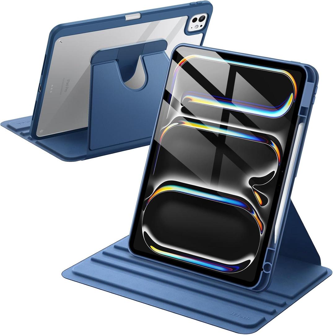 JETech Rotating Case ONLY for iPad Pro 13-Inch M5/M4 (2025/2024) with Pencil Holder, 360 Degree Rotation Protective Stand Cover Clear Back (Navy)