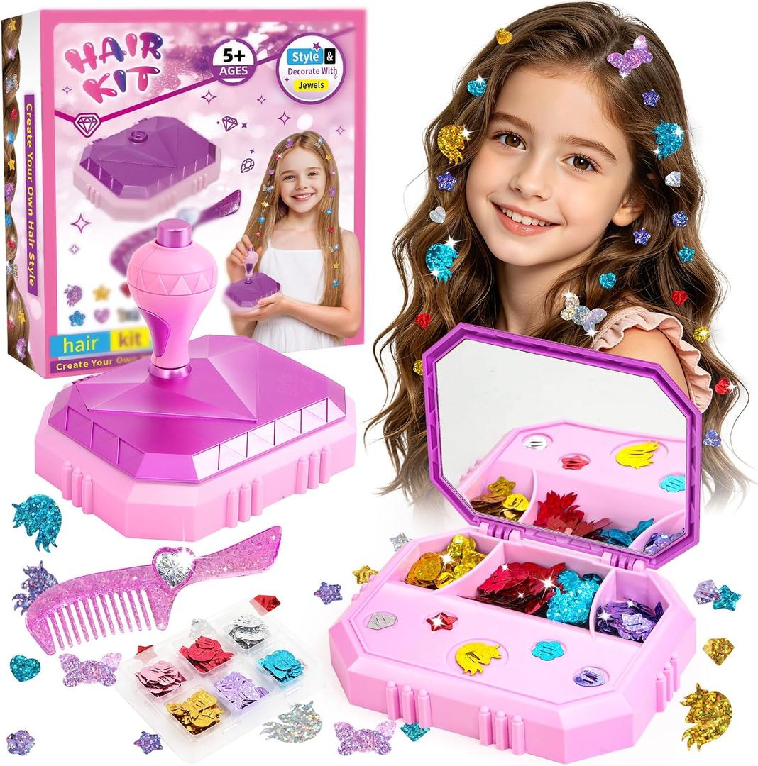 Hair Gem Stamper Kit Hair Jewelry & Bling Craft Toys for Girls Sparkling Hair Accessories with Glitter Sequins DIY Hair Arts Crafts Birthday Gifts for 5 6 7 8 9 10 11 12 Year Old (Pink)