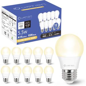 LED Refrigerator Light Bulb 10 Pack, Warmwhite 3000K 120V 40W Equivalent Appliance Bulb, A15 5.5W E26 Base Waterproof Dimmable Fridge Light Bulbs for Freezer Home Lighting, Small Light Bulb, UL Listed