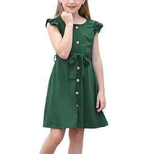 GORLYA Girl's Ruffle Trim Sleeve Button Down Floral Print Casual Vintage Midi Dress with Pockets for 4-12 Years Kids (GOR1022, 9-10Y, Green)