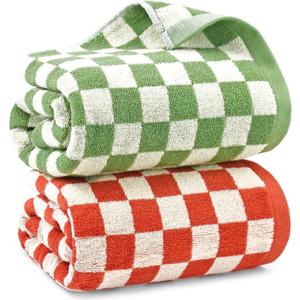 Jacquotha Checkered Bath Towels for Bathroom Decor, 2 Pack Shower Towels 55" x 27.5", Super Soft and Quick Dry (Orange + Green), Colorful for Swim Pool Beach