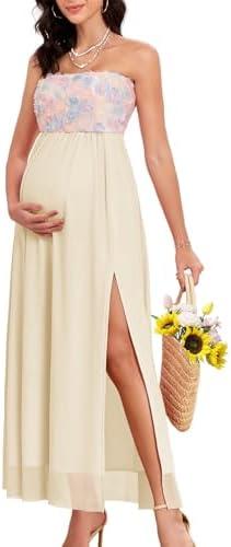 AISWI 3D Floral Mesh Split Strapless Maternity Dress Tube A-Line Pregnancy Dresses Baby Shower Photoshoot M