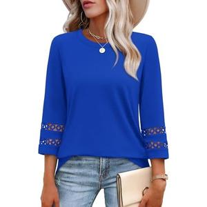 XIEERDUO 3/4 Length Sleeve Womens Tops and Blouses Dressy Casual Crewneck T Shirts Fashion Clothes Loose Fit Trendy, Size Large, Royal Blue 