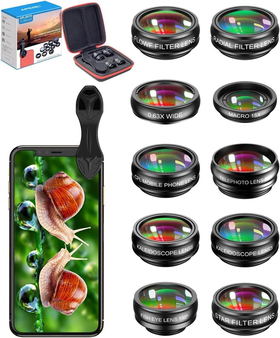 10 in 1 Cell Phone Camera Lens Kit, Wide Angle Lens & Macro Lens+Fisheye Lens+Telephoto Lens+CPL/Flow/Radial/Star Filter+Kaleidoscope 3/6 Lens for iPhone Samsung Sony and Most of Smartphone