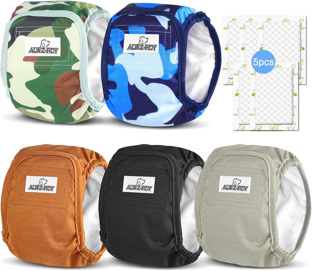 Belly Bands for Male Dogs 5 Pack Washable Dog Diapers Reusable Male Dog Pee Wraps with 5pcs Dog Diaper Liners for Doggie in Incontinence or Excitable Urination and Training, XL
