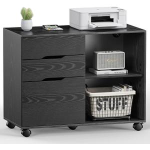 File Cabinet with 3 Drawers, Mobile Lateral Filing Cabinet with Open Storage Shelves for Home Office Under Desk Storage, Black