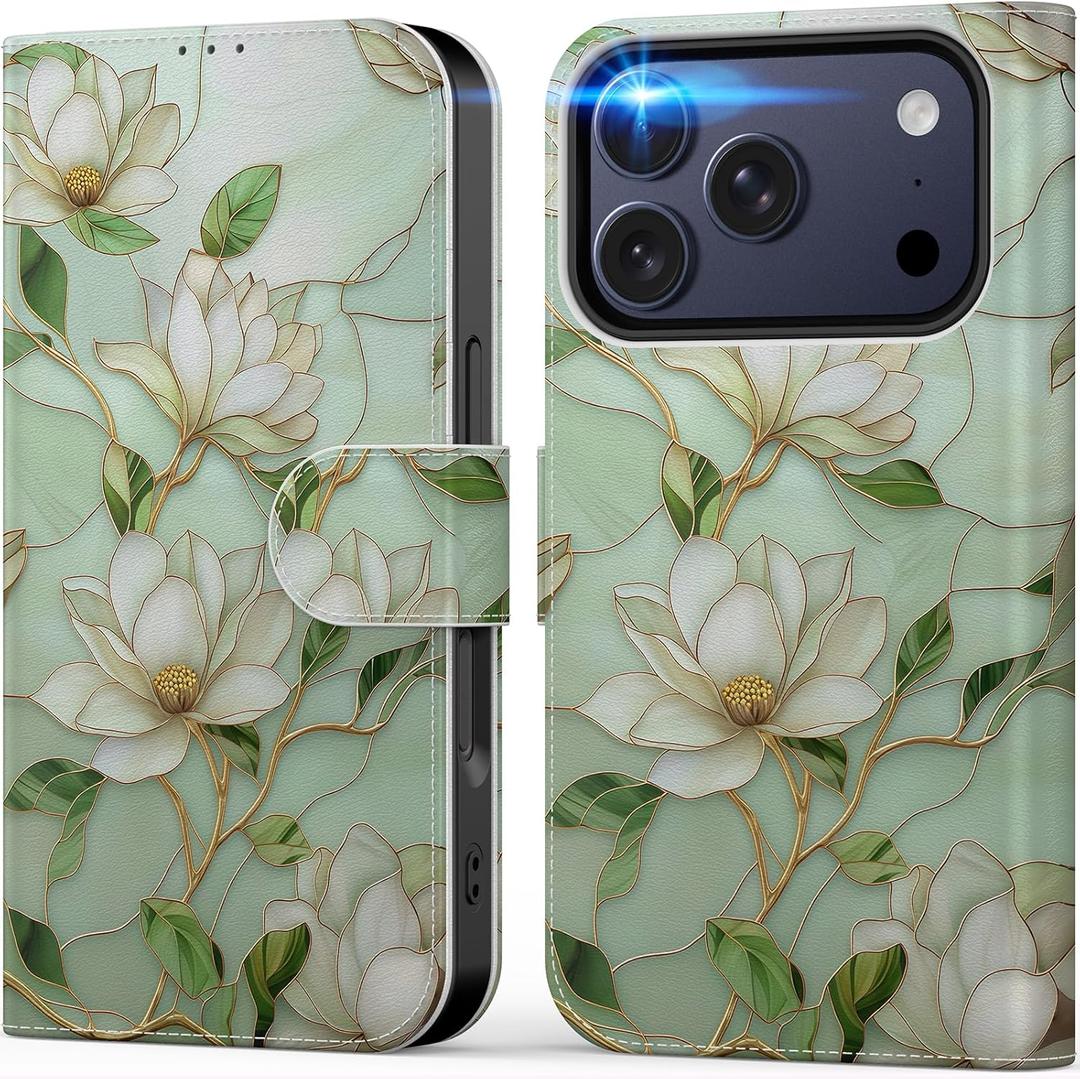 DEENAKIN for iPhone 17 Pro Wallet Case with Card Holder + Cash Clip, RFID-Blocking, Military-Grade Drop Protection & UV-Printed Artwork, Magnetic Closure with Leather Stand - Magnolia Flowers