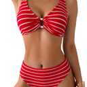 SOLY HUX Women's Striped Bathing Suit V Neck High Waisted Bikini Sets Two Piece Swimsuit (Red, M)
