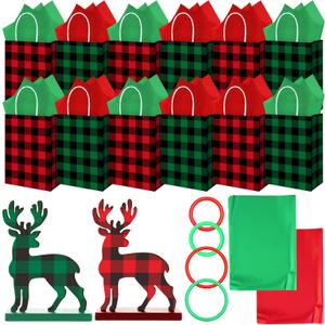 GlikCeil 30 Pcs Christmas Party Game Set 2 Wooden Reindeer Ring Toss 12 Paper Gift Bags Christmas Party Toss Game for Xmas Family Fun Games