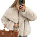 Womens Cropped Fluffy Faux Fur Coat Open Front Long Sleeve Furry Jacket with Pockets (Medium, Apricot)