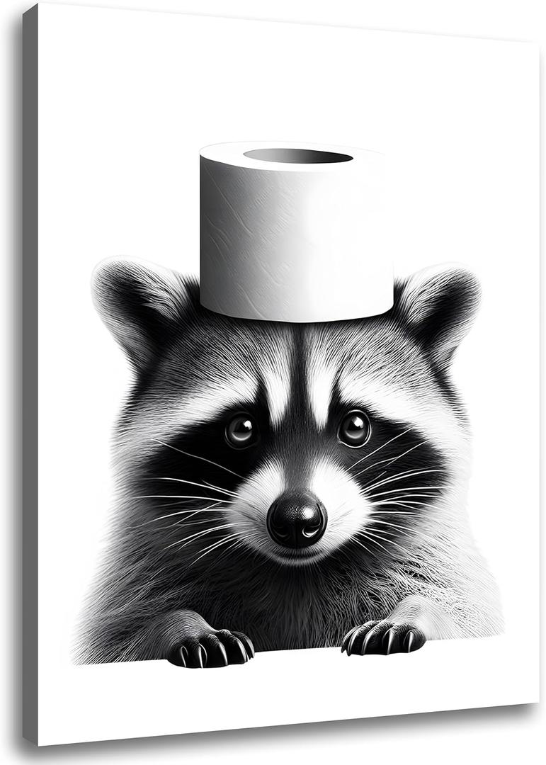 Funny Bathroom Decor Wall Art, Cute Raccoon Toilet Paper Roll Canvas Wall Decor, Humor Farmhouse Animal Wall Art, Black and White Wall Art Decor, Modern Wrapped Canvas Prints Ready to Hang 8"x10" (Ph-005)