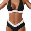B2prity Women Halter Bikini Sets Sexy Deep V Neck Two Piece Swimsuits Color Block Bottom (L)