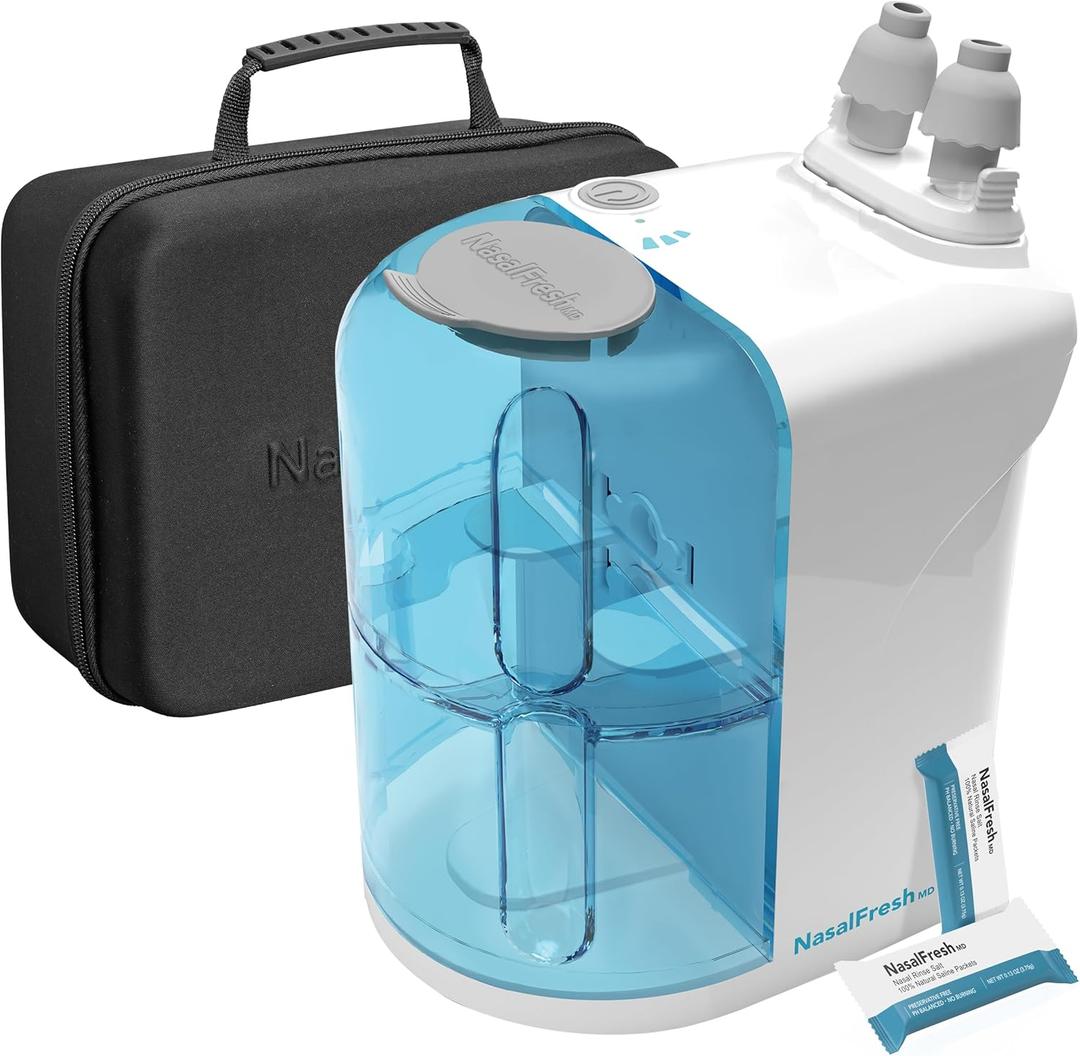 NASALFRESH MD Premium BundleDual Powered Nasal Irrigation System Nasal Rinse and Wash, Sinus Decongestant Relief System, 60 Saline Packets, Case, Rechargeable, 2 Sets of Nose PillowsSnoring Remedy