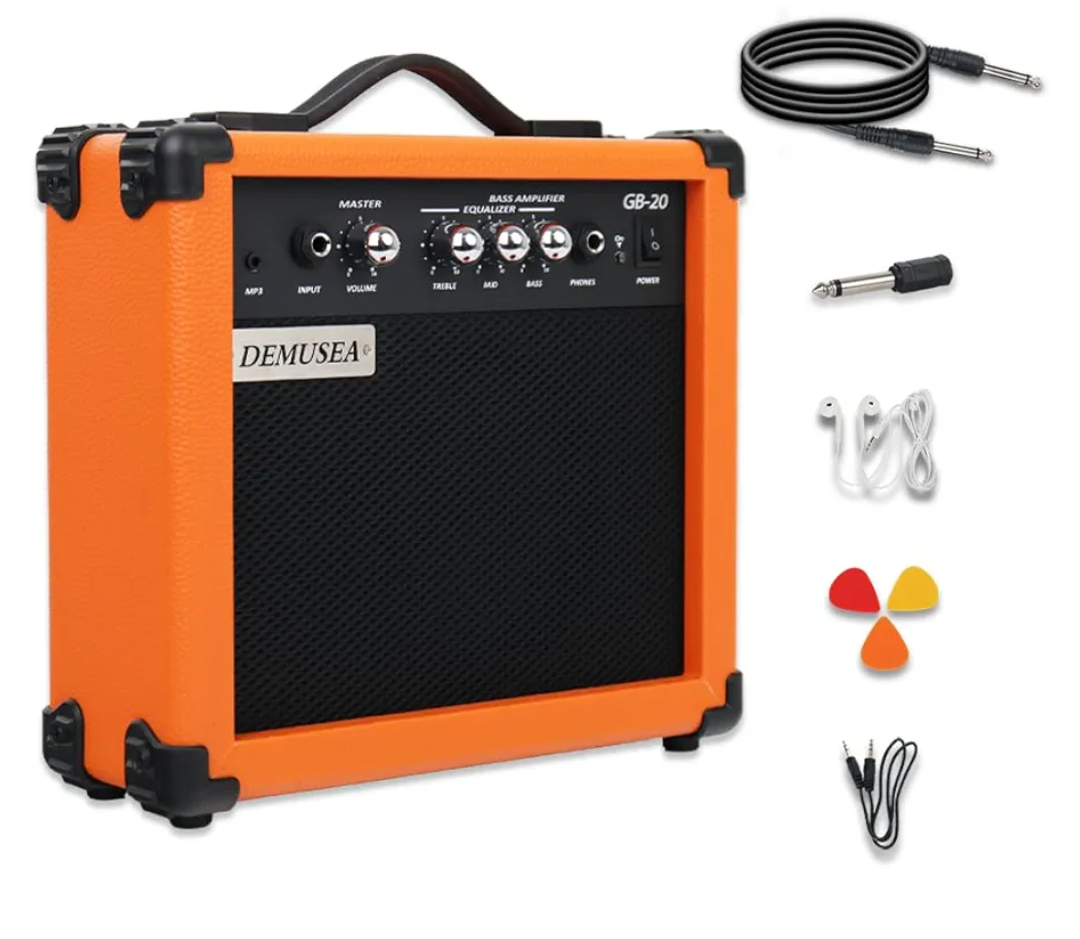 20W Electric Bass Guitar Amplifier Orange Bass Amp Portable Travel Mini Practice Amp Headphone Jack Aux Treble Middle Bass MP3 with 3m Noiseless Cable Adapter Picks Earphone Aux Cable in