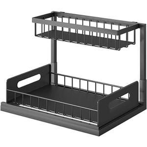 Under Sink Storage Kitchen Organizer with Sliding Drawer, 2 Tier Metal Pull Out, Non-Slip Feet, Black color