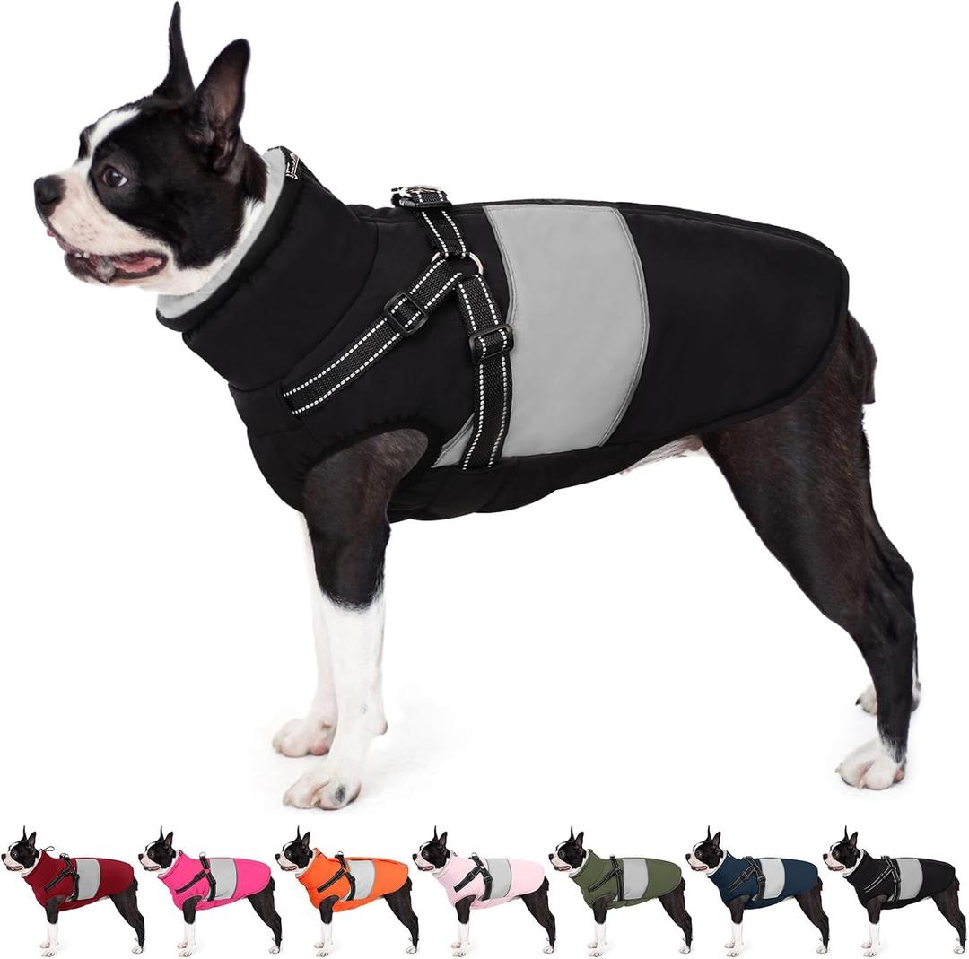 AOFITEE Small Dog Coat, Dog Winter Coat with Harness Built in, Warm Dogs Jacket with Zipper & Polar Fleece Collar, Waterproof Pet Snow Jacket Snowsuit for Schnauzer, Chihuahua Yorkshire, S (Black)