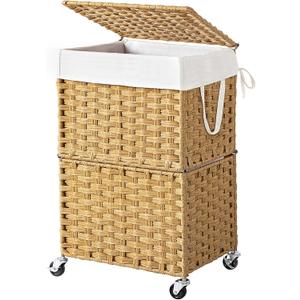 Chrislley 90L Slim Laundry Hamper with Wheels,Rolling Laundry Basket with Lid and Renovable Liner Bag,Handwoven Rattan Organizer for bedroom, bathroom, laundry room (Yellow) (90L, Yellow)