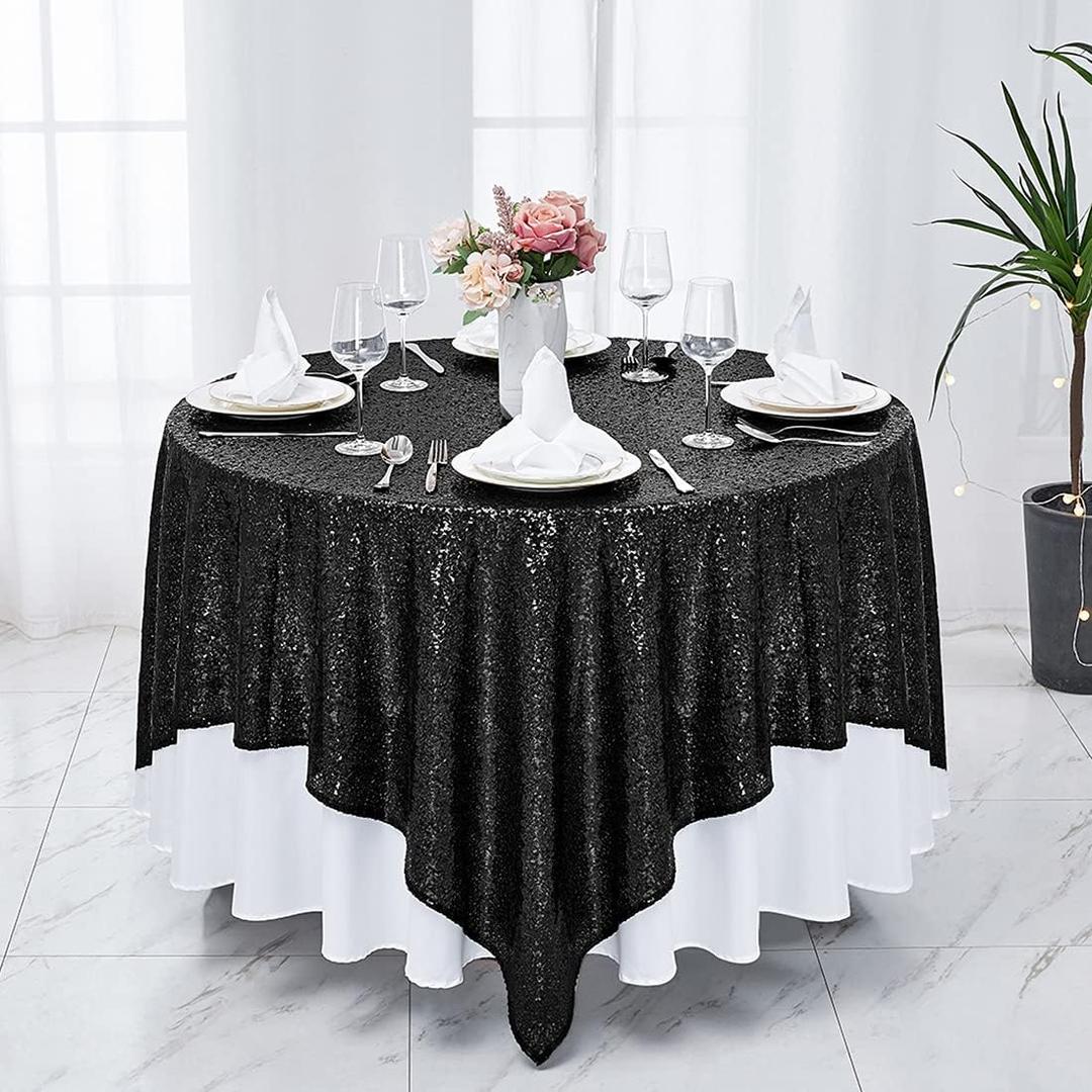 Hahuho 50x50 inch Square Sequin Tablecloth Black, Glitter Tablecloth for Bridal Shower Decorations, Birthday, Wedding, Dessert, Banquet50x50 Inch, Black