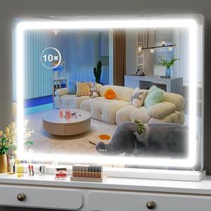 Makeup Vanity Mirror with USB Charging Port 28" x 22" Large LED Makeup Mirror, Desk Mirorr with Lights, Light up Mirror with 10X Magnification and, Dimmable 3 Modes, Touch Control White