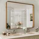 LOAAO 40X32 Inch Bathroom Mirror with Wood Grain Colored Metal Frame, Rounded Rectangle Metal Framed Bathroom Mirror, Anti-Rust, Hangs Horizontally or Vertically, Tempered Glass