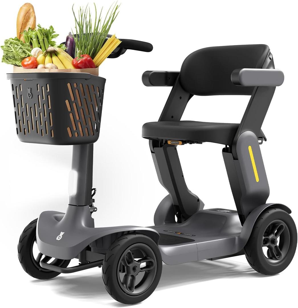 Glashow S3 Folding Mobility Scooter for Seniors & Adults 4-Wheel All-Terrain Electric Scooter, 25 Mile Range, 6 MPH, 265 lb Capacity, Reverse, LED Lights & Basket Gray
