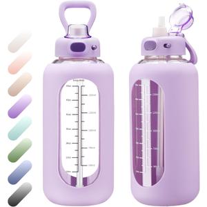 SIEROZUR 64 oz Glass Water Bottle with Straw and Handle Half Gallon Large Water Bottle with Silicone Sleeve and Time Marker Sports Water Jug Wide Mouth for Travel Gym (Purple)
