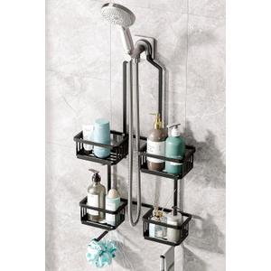 Aluminum Shower Caddy Hanging for Handheld Showerheads, Never Rust Shower Organizer with Hooks Holder Toothbrush HolderOver Showerhead Caddy for Bathroom, Black